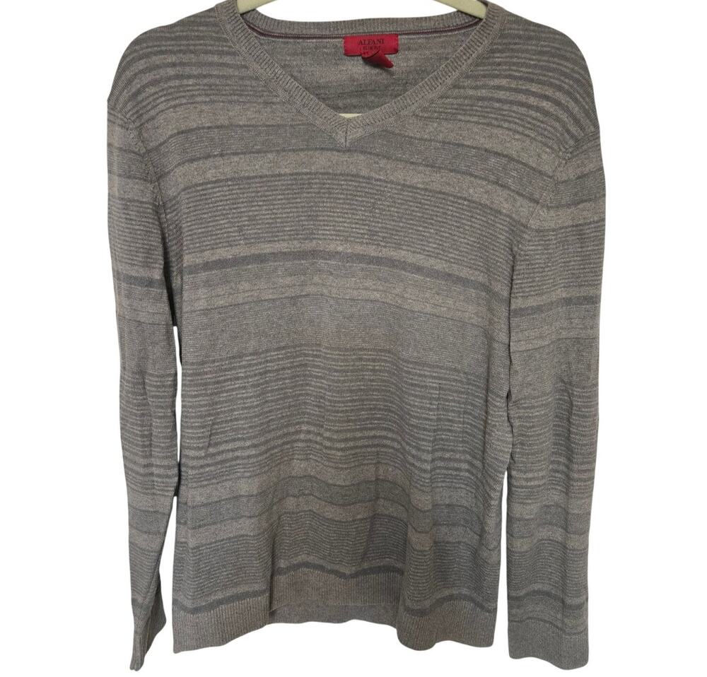 Alfani Mens S Gray Slim Fit V Neck Striped Pullover Sweater Cotton Blend